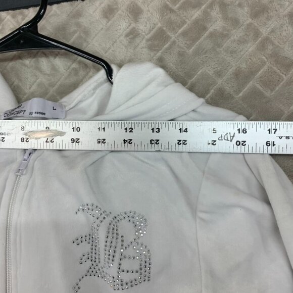 Roma Concept Womens L Hoodie Sweatshirt White Velour Cropped Full Zip Rhinestone - Picture 10 of 16
